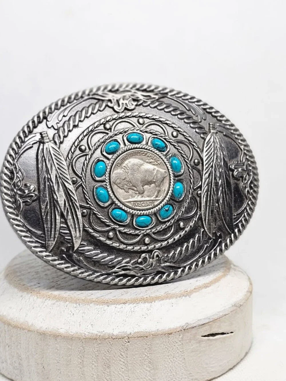 Vintage Turquoise Accent Buffalo Nickel Western Belt Buckle W/ Makers Mark